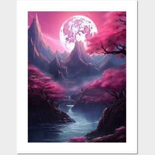 Cheery Blossom Moonlit Waterfall Posters and Art